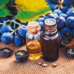 grape seed extract in a small jar. Selective focus.