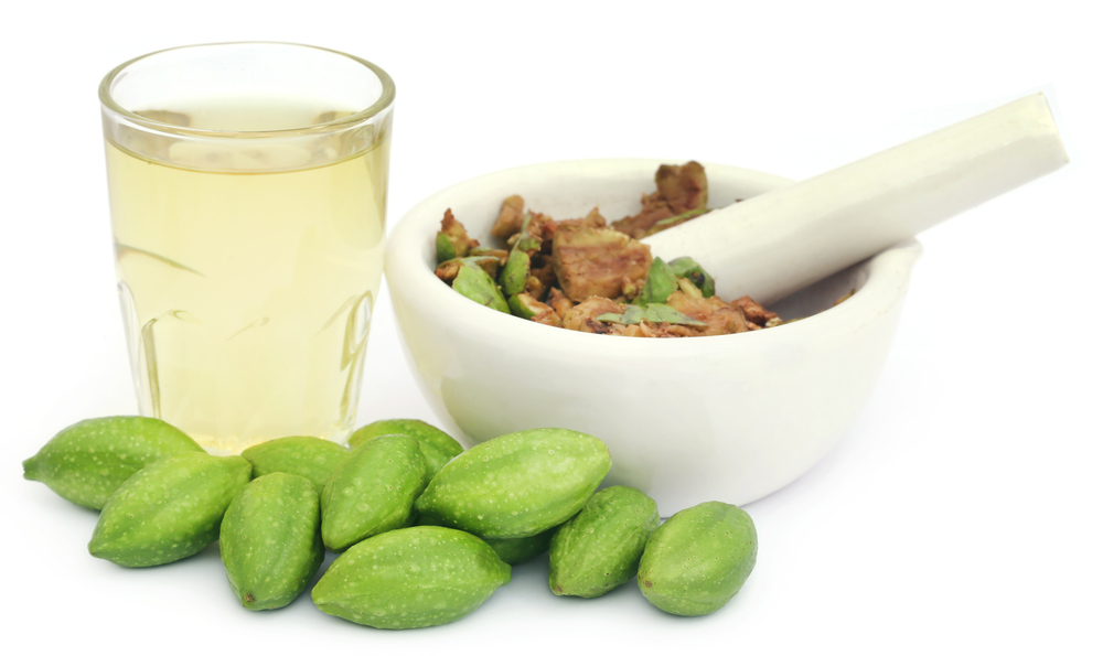 Herbal tea, fresh sour sop and mortar with pesto.