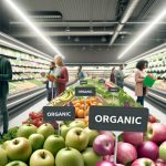 Shoppers in organic produce section of supermarket.