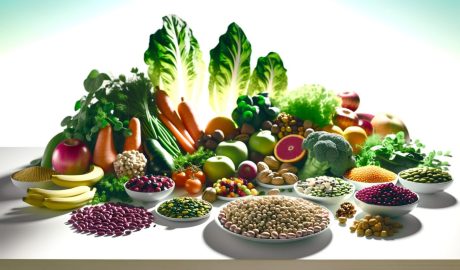 Assorted fresh fruits, vegetables, and legumes on table.