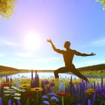 Person practicing yoga in serene nature setting.