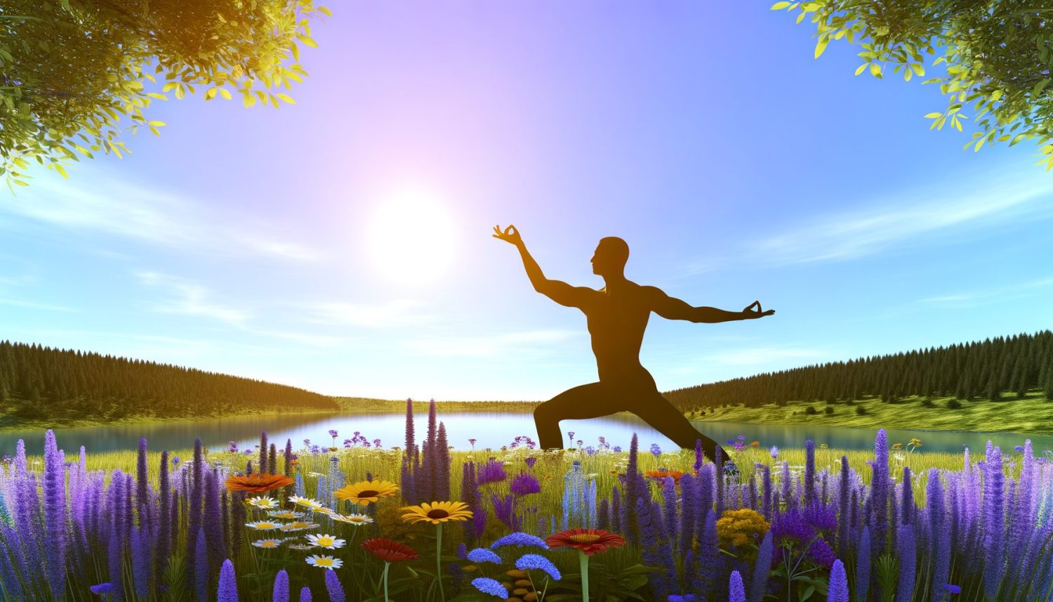 Person practicing yoga in serene nature setting.