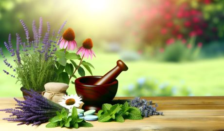Herbal medicine preparation with mortar and flowers.